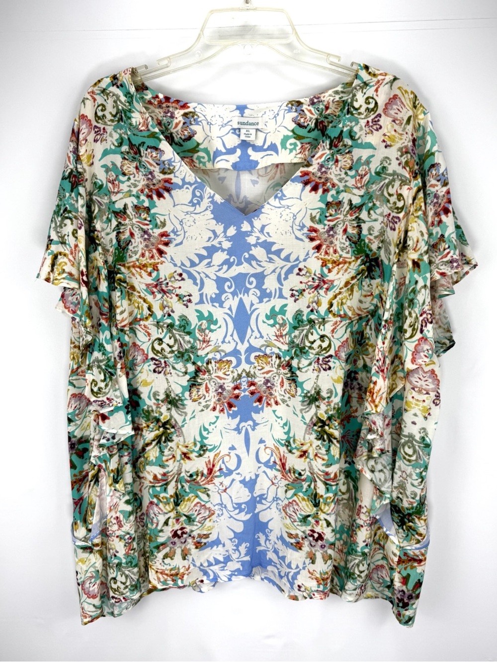 Sundance Floral V-Neck Ruffle Sleeve Tunic - Blue, Green & Cream
